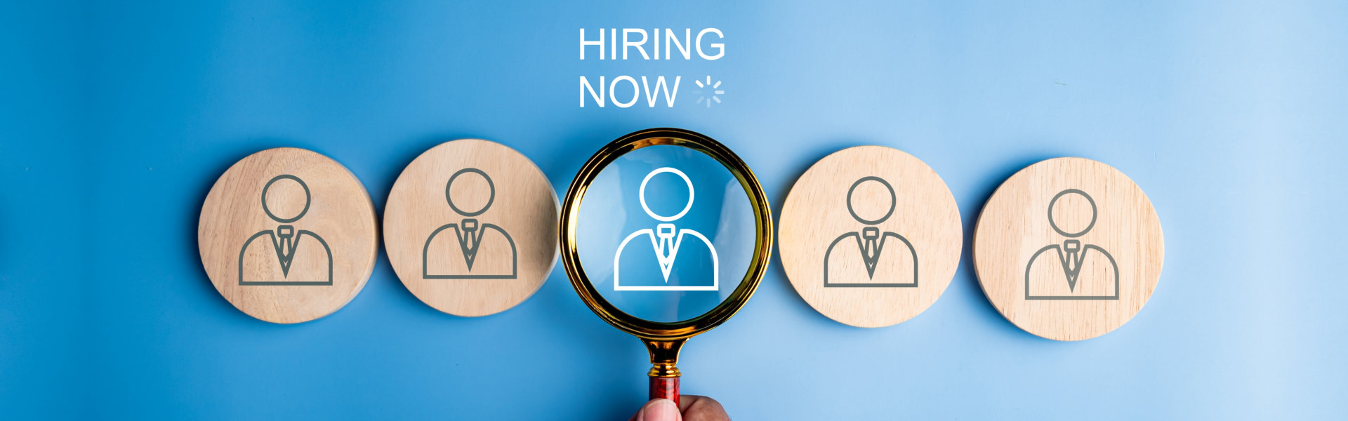 hiring now concept circles with magnifying glass